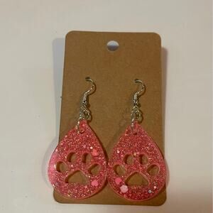Handmade epoxy resin paw print earrings - bright‎ pink chunky glitter